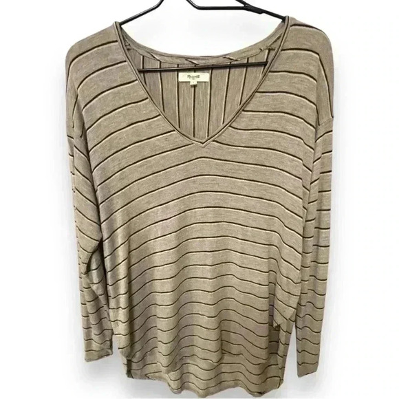 Madewell Long Sleeve Stripe Pattern V-neck Beige Relaxed Fit High-Low Anthem Tee - Picture 10 of 16